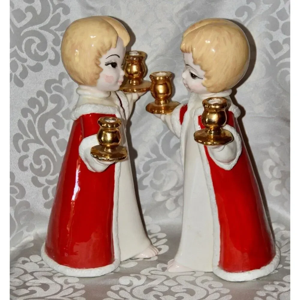 HOLT-HOWARD Christmas Holiday Ceramic Choir Girls Hand Painted Candle Holders